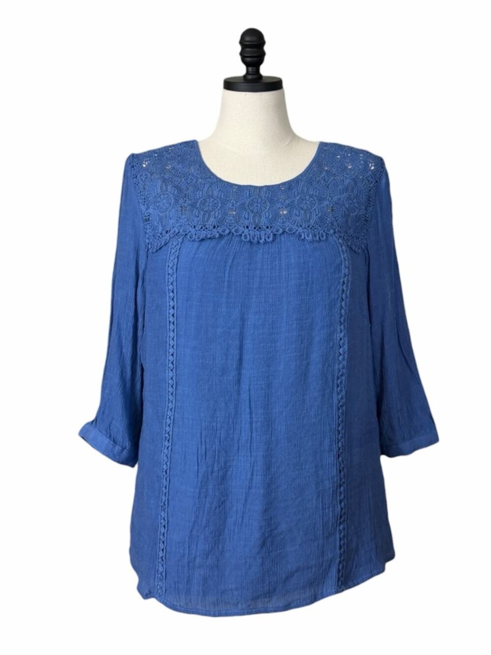 Fig and Flower Blue Lace Crochet Yoke Blouse Women’s Size 2X Boho Peasant Top